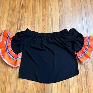 Soft Surroundings Shirt Womens Small Off Shoulder Ruffle Sleeve Top Black Orange